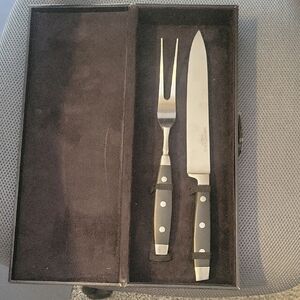 Hampton Forge Stainless Steel Knife Fork Carving Set with Black Handles in box
